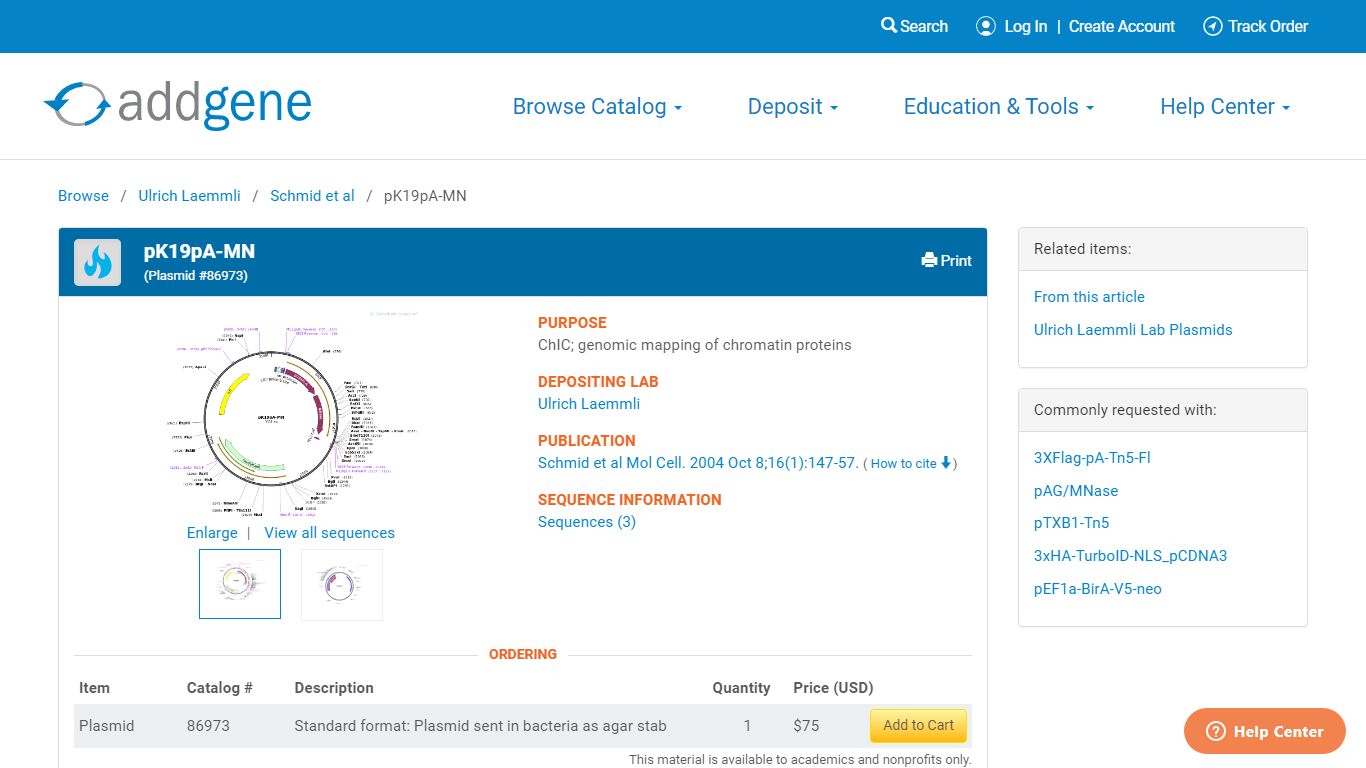 Addgene: pK19pA-MN